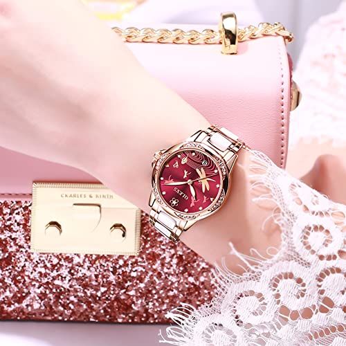 OLEVS Rose Gold Women's Watches, Ceramic Stainless Steel Band, Automatic Mechanical Watch, Waterproof Luminous Pointer Calendar, Diamonds Elegant Watches for Women, Red/Blue/White Dial [No Battery]