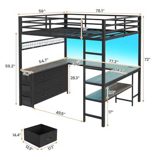 ADORNEVE Loft Bed Full Size with U-Shaped Desk, 6 Storage Drawers, Power Outlet, LED Metal Loft Bed with 2 Storage Shelves, Bed with Safety Guardrail & Ladders, No Box Spring Needed, Rustic Brown