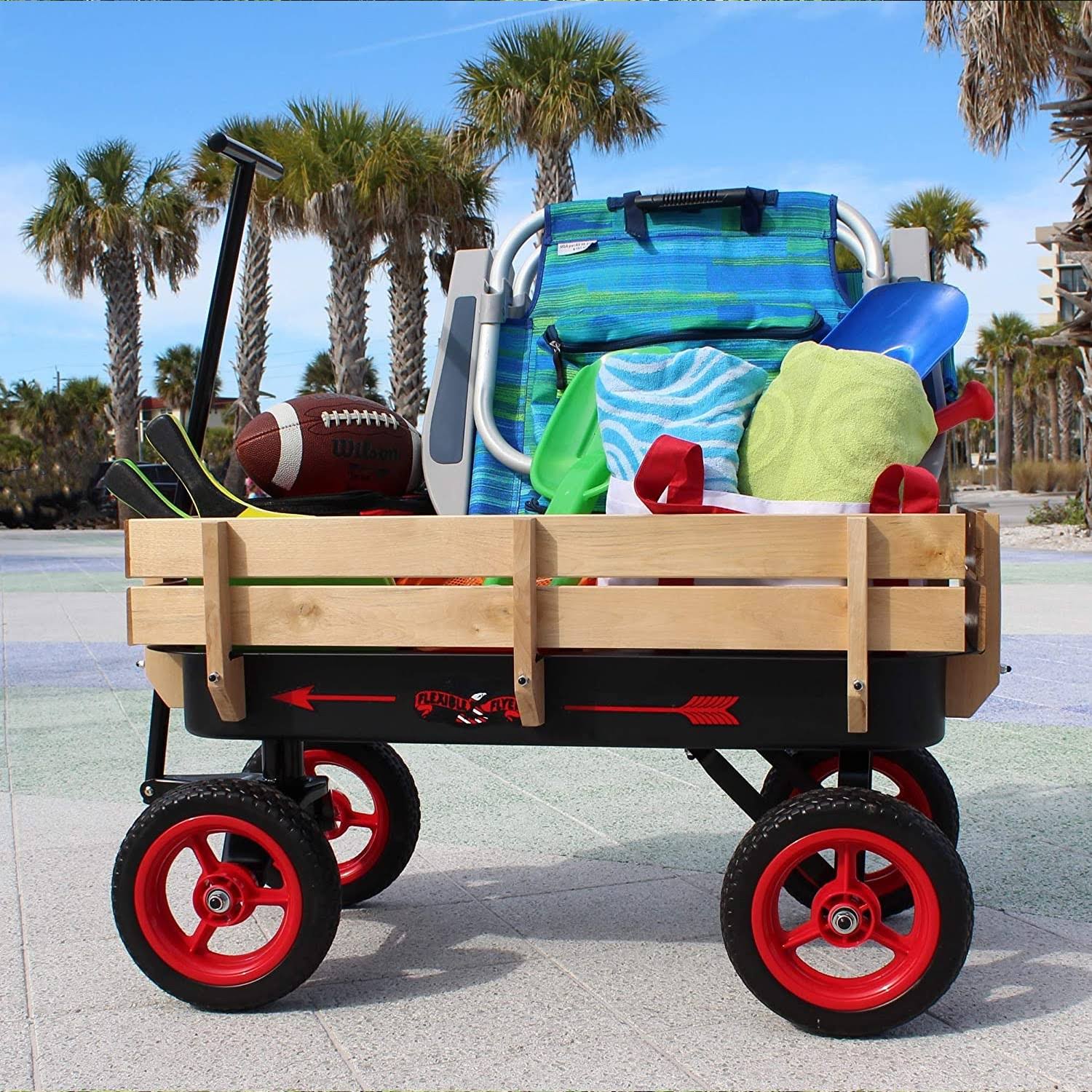 Flexible Flyer W-101 All Terrain Wood and Steel Wagon with Handle, Black and Red