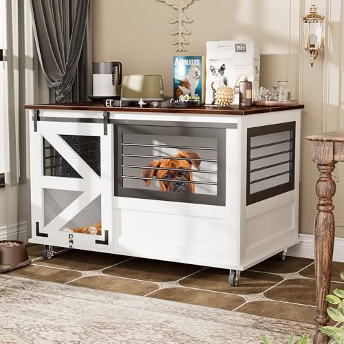 48'' Dog Crate Furniture with Removable Divider & Storage Drawers, Wooden Double Dog Cage TV Stand with 2 Sliding Barn Doors, Multi-Functional Dog Crate End Table for Indoor use (White)