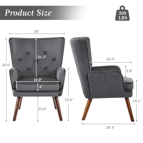 Wingback Velvet Accent Chairs, Mid Century Modern Arm Chair Tufted Button Armchair, Comfy Upholstered Club Lounge Sofa Reading Chair with Solid Wood Legs for Living Room, Bedroom, Blue