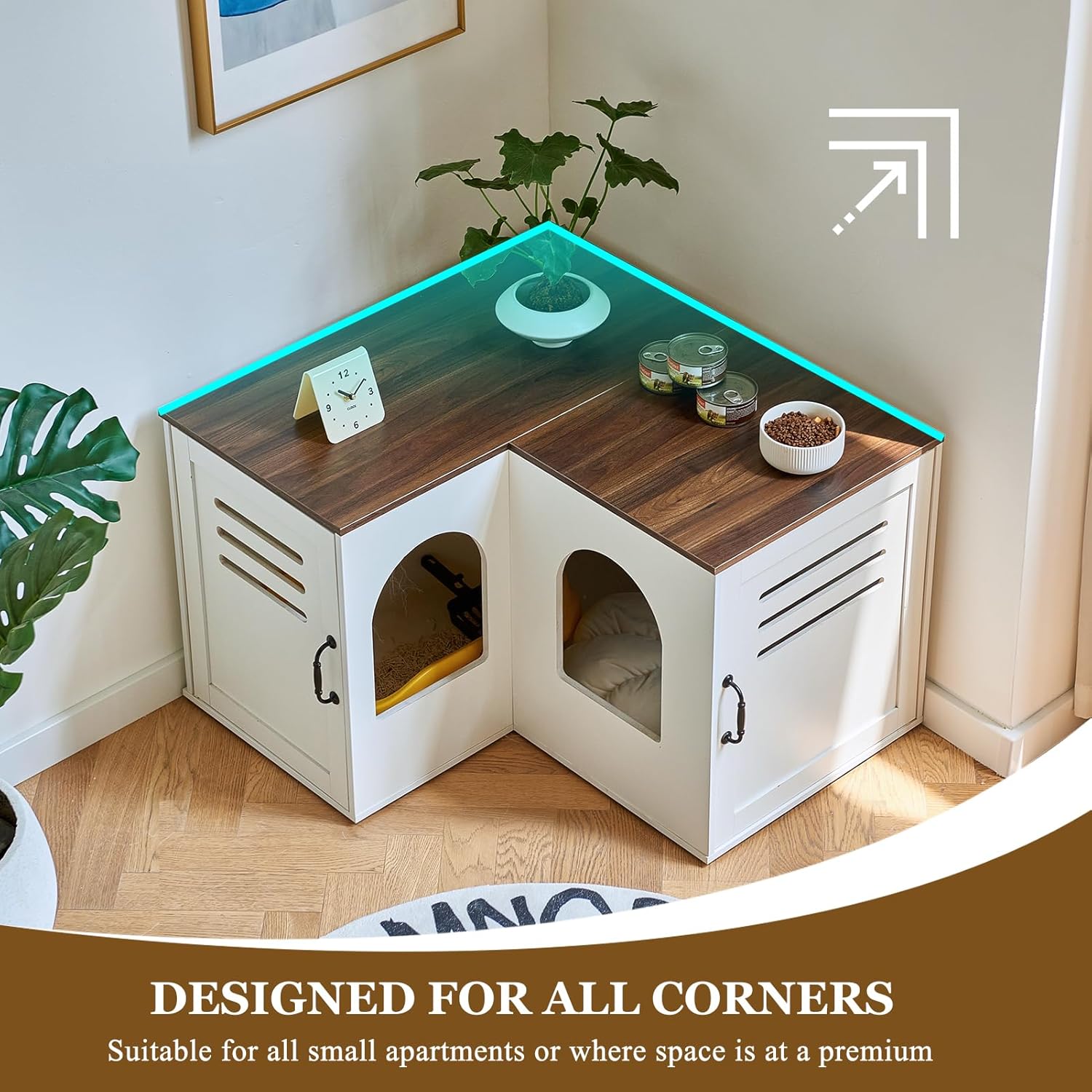 Corner Litter Box Enclosure for 2 Cats, Hidden Litter Box Furniture, Litter Box Cabinet with Double Room, Indoor Cat House End Table, 31.5 x 17.7 x 19.7 in, White