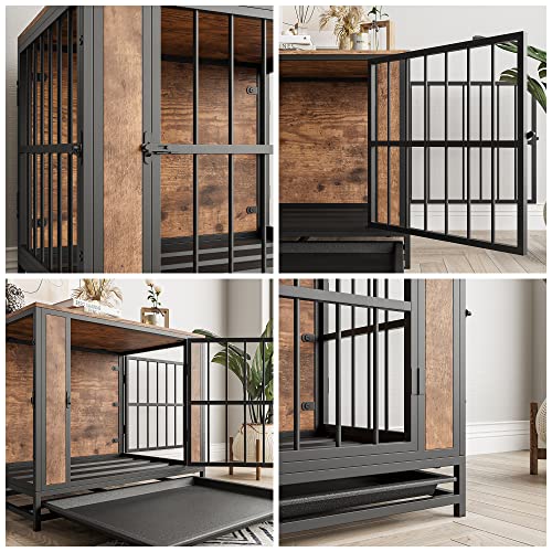 Dog Crate Furniture, Metal and Wooden Dog Crate, Dog Kennels with 3 Doors Indoor, Pet Puppy Crate End Table for Small/Medium/Large Dog, Heavy Duty Dog House, Rustic Black and Brown