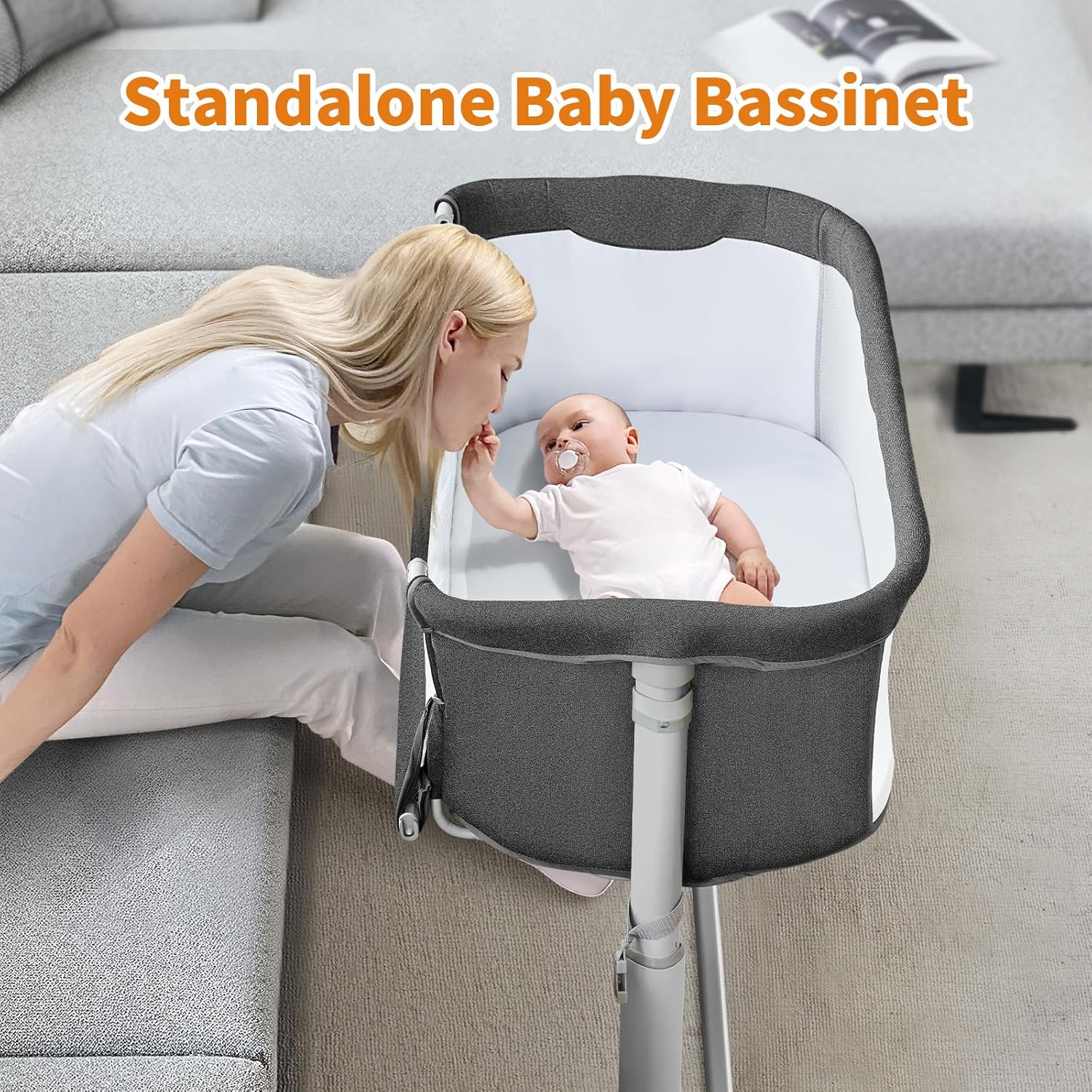 Baby Bassinet Bedside Sleeper, Breathable Mesh Bedside Crib, 6 Height Adjustable Bassinet for Infants