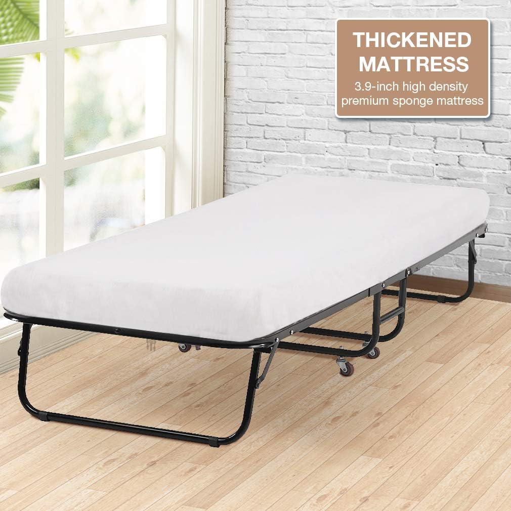 Folding Guest Bed with Wheels Portable Camping Cot Guest Beds Portable Beds Extra Roll Away Foldaway 3.9 Inch Comfort Foam Mattress Strong Sturdy Frame Heavy Duty L75W30H12 Inches，White