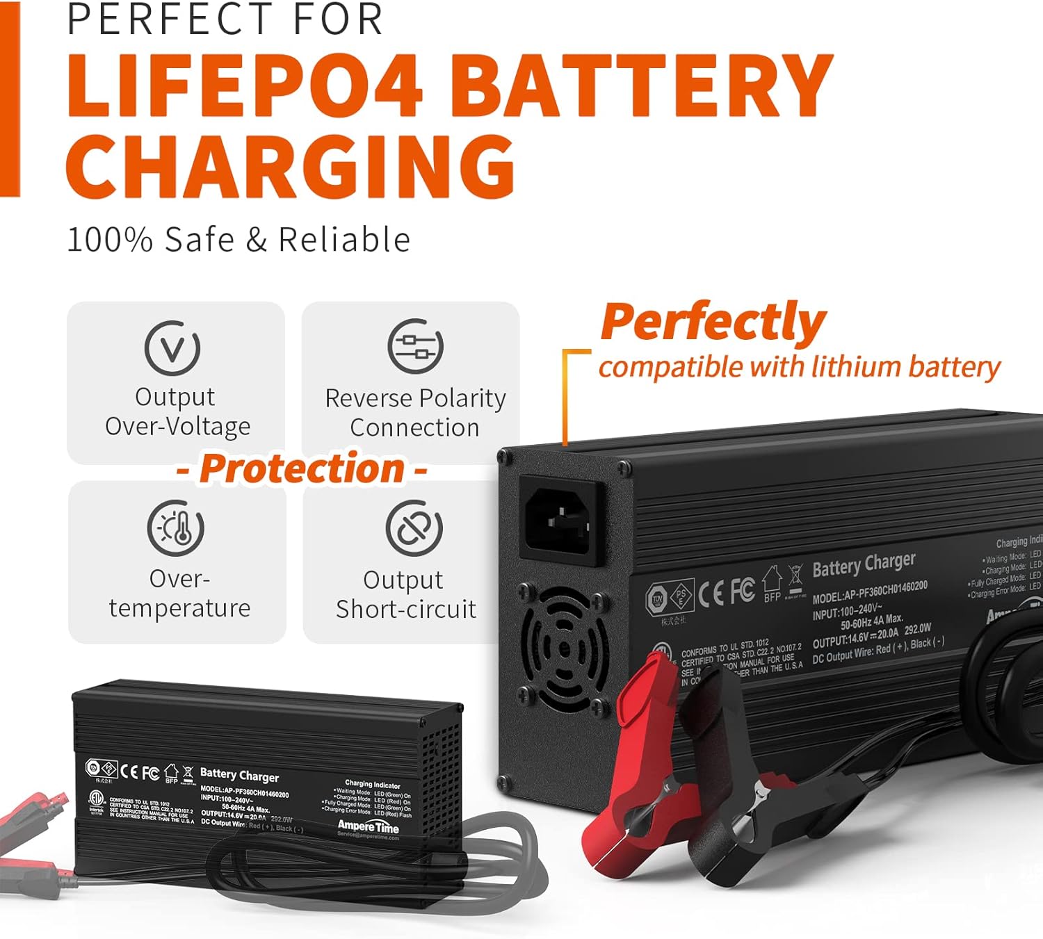 Ampere Time 12V 200Ah LiFePO4 Battery with 14.6V 20A Dedicated Lithium Battery Charger; Built-in 200A BMS, 4000+ Cycles, Perfect for RV, Solar, Marine, Overland, Off-Grid Application��