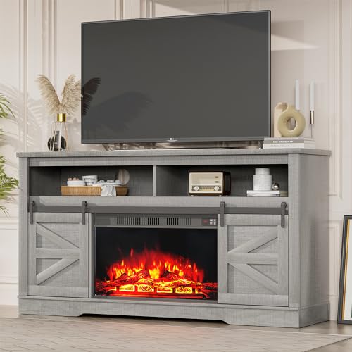 YESHOMY Farmhouse TV Stand for Televisions up to 65 Inches, Sliding Barn Doors and Storage Cabinets, Console Table and Media Furniture for Living Room, 58 Inch, Milk White