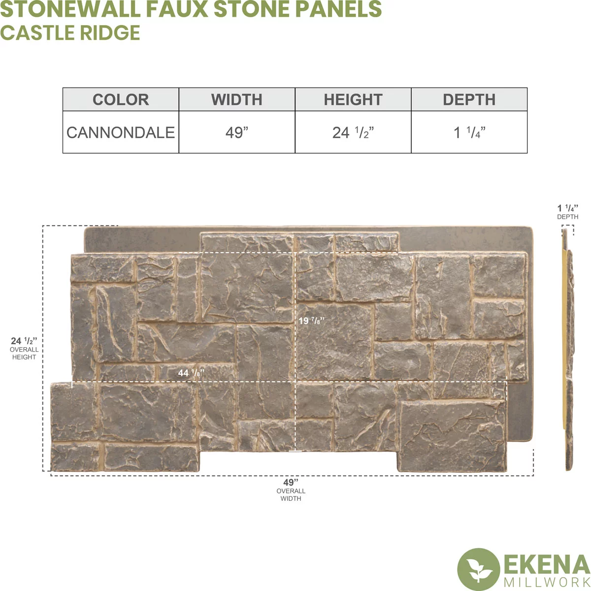 Ekena Millwork 49"W x 24 1/2"H x 1 1/4"D Castle Rock Stacked Stone, StoneWall Faux Stone Siding Panel, Cannondale