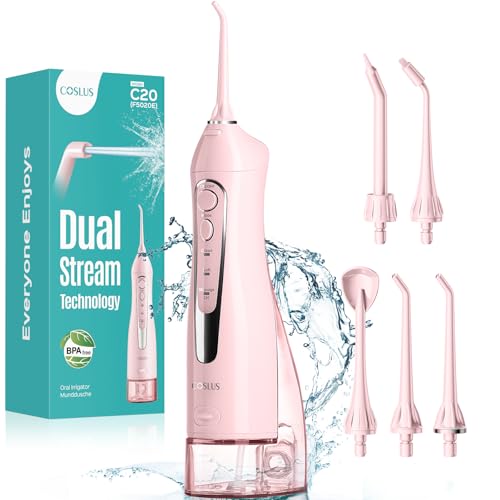 COSLUS Water Dental Flosser Teeth Pick: Portable Cordless Oral Irrigator 300ML Rechargeable Travel Irrigation Cleaner IPX7 Waterproof Electric Flossing Machine for Teeth Cleaning F5020E