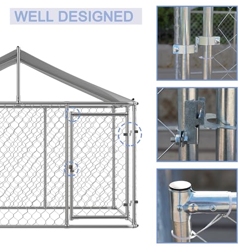 Outside Dog Kennel Pen with Roof, Outdoor Dogs Enclosure Large Galvanized Steel Chain Link Fence Pet House Cage Weather Resistant Heavy Duty for Backyard, 90 x 90 x 65 Inch
