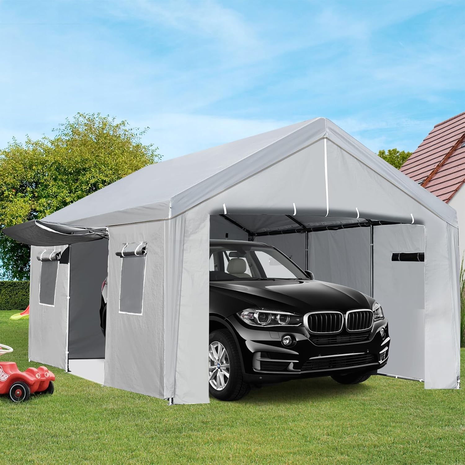 Carport 10×20 FT Portable Garage, Heavy Duty Car Port Canopy with Roll-up Doors & Ventilated Windows, Galvanized Steel Frame, Boat Shelter Tent Waterproof All-Season Tarp for Pickup Truck, Grey