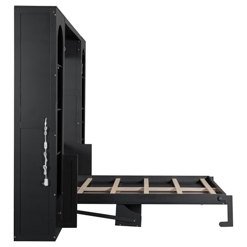 Ball & Cast Queen Size Murphy Bed with Desk,Hidden Wall Bed with 2 Sides Storage Cabinets,Shelf & Led,Murphy Cabinet Bed Frame for Bedroom,Guest Room,Space Saving,Black