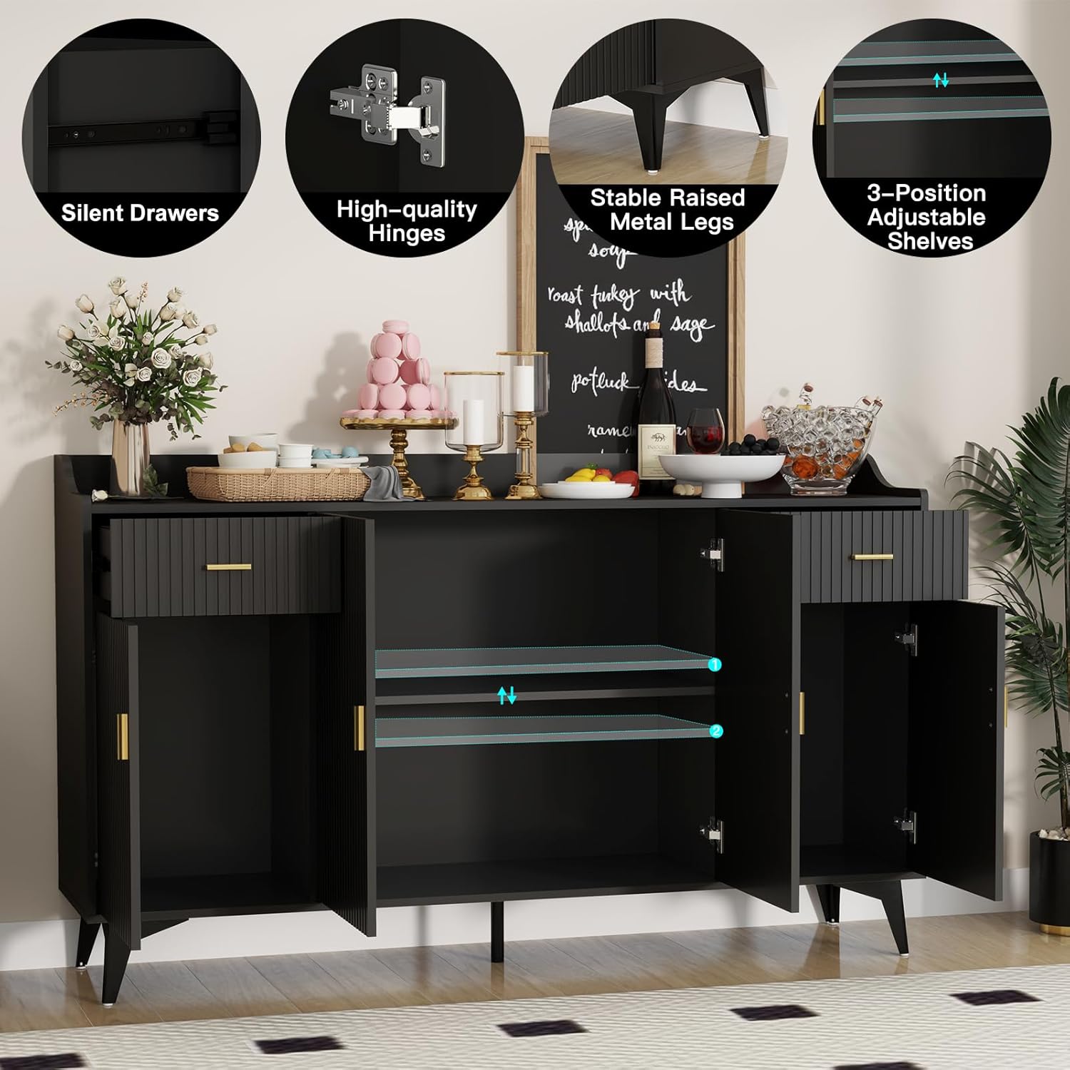 Wakefit Sideboard Buffet Cabinet with Storage, Fluted Doors & Drawer, Wood Farmhouse Credenza Coffee Bar Cabinet with Baffle Tabletop and Handles for Kitchen, Living Dining Room, Black