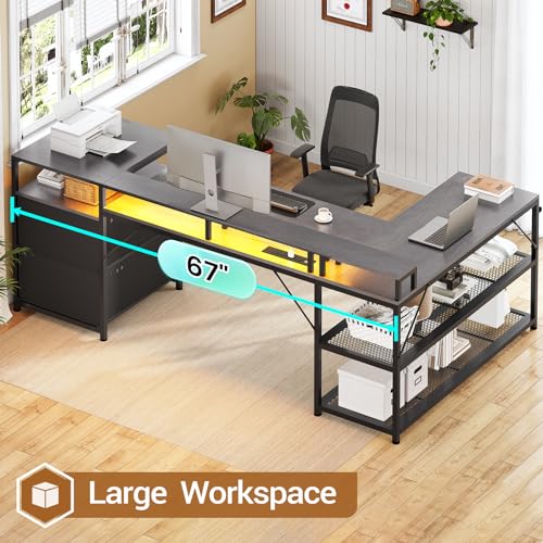 SEDETA 67" L Shaped Desk with Drawers, Computer Office Desk with Storage Shelves & Power Outlet, Reversible Gaming Desk with LED Lights for Home Office, White