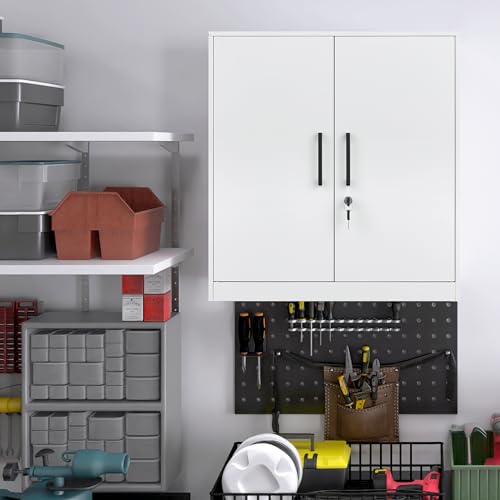 GREATMEET Metal Wall Cabinet, Wall Mount Metal Cabinet for Garage Storage, Locking Cabinet with Doors and Adjustable Shelf, Steel White Cabinet for Utility Room, Garage