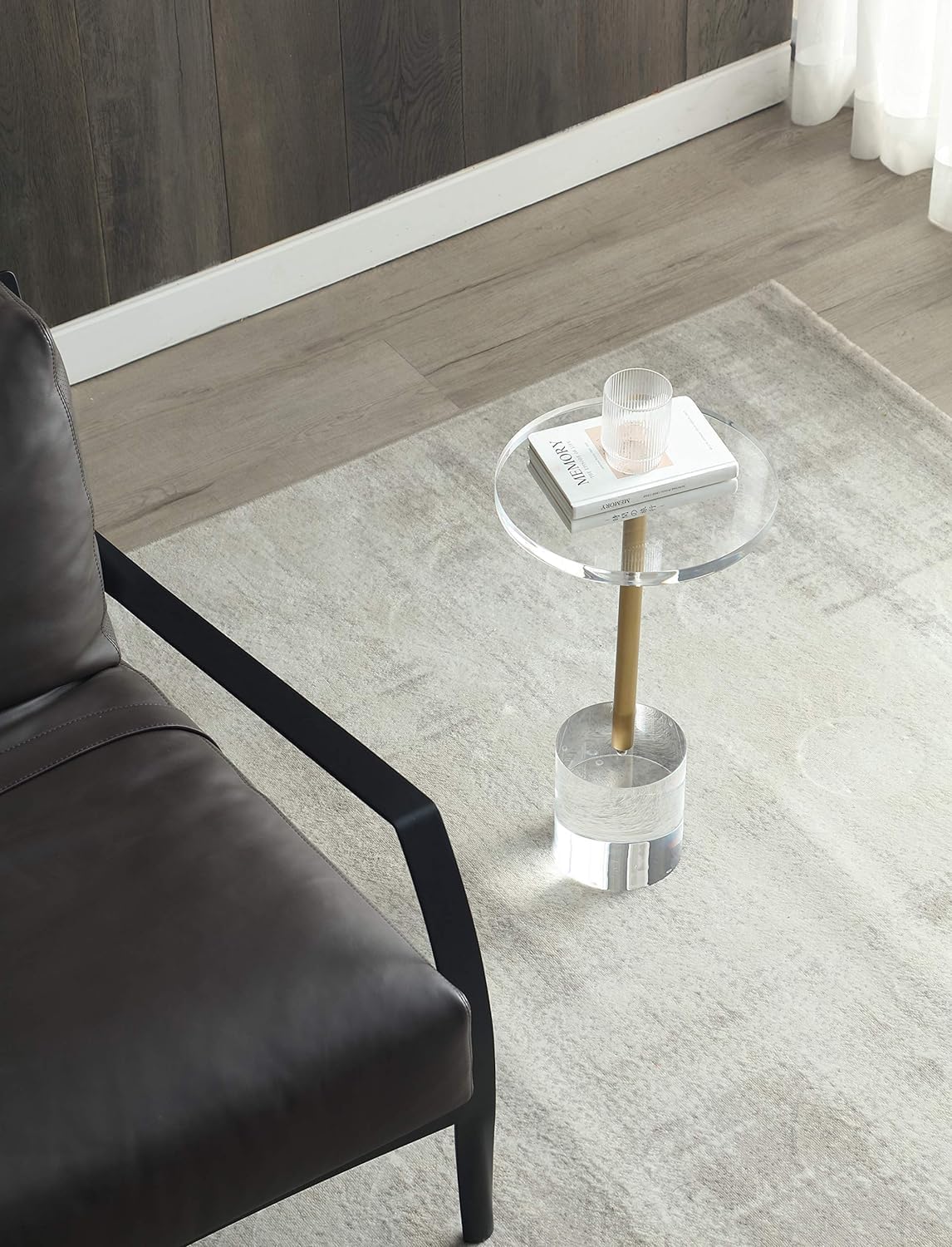 Silver Pole Clear Acrylic End Table,Side Table,Brushed Brass Metal,Round,for Office, Living Room and Bedroom