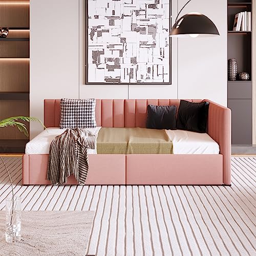 TRIPLE TREE Upholstered Daybed with 2 Storage Drawers,Twin Size Sofa Bed Frame No Box Spring Needed,Sofa Bed Couch for Bedroom Living Room,Linen Fabric,Gray