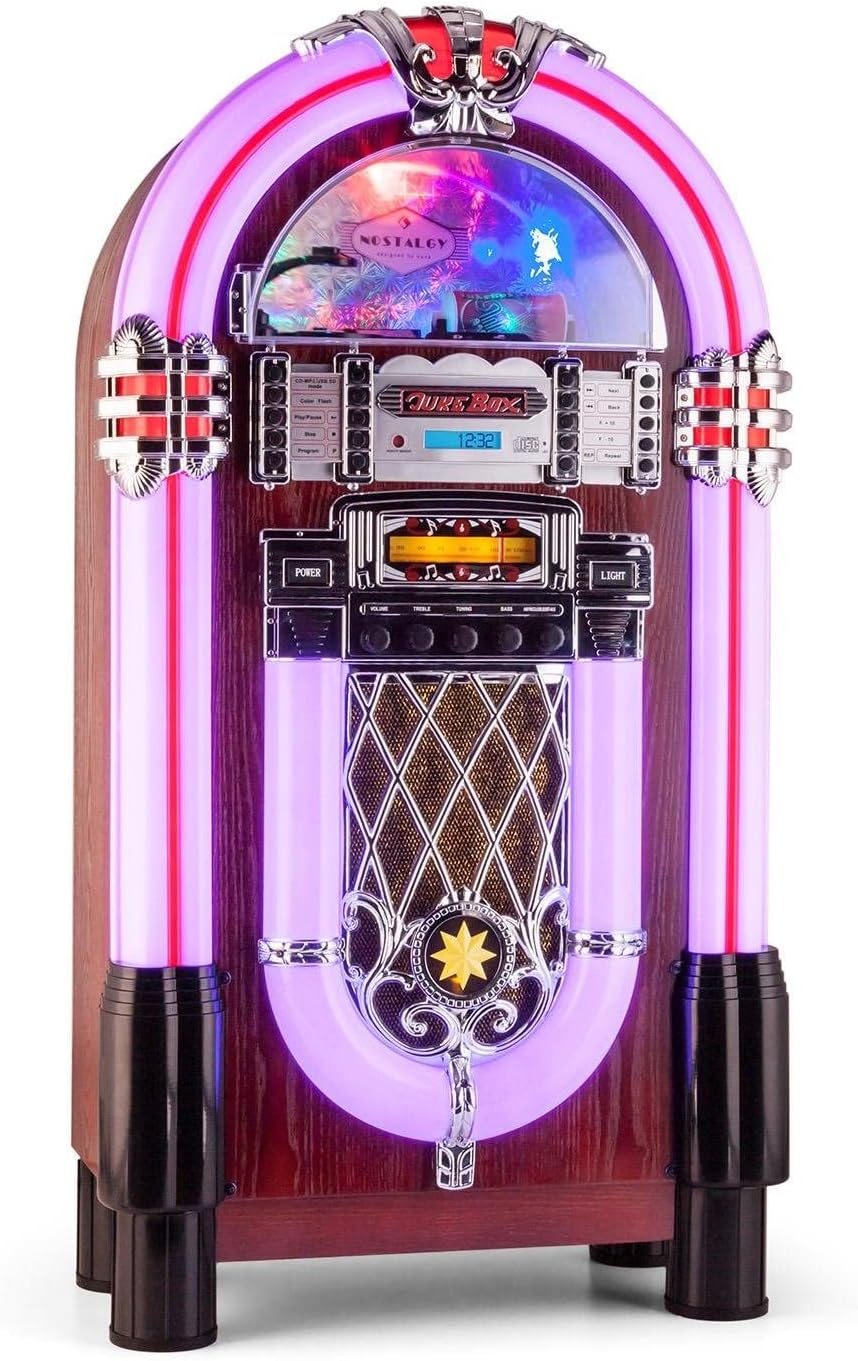 AUNA Graceland XXL BT Jukebox, Retro Music Box, Bluetooth, MP3 Enabled CD Player, USB Port, SD Card Slot, AUX Input, FM Radio, 2 Band Equalizer, LED Lighting, Purple