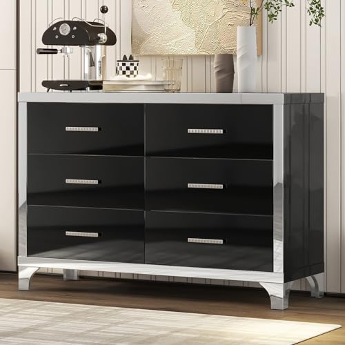 SSLine Modern 6-Drawer Dresser Luxury Elegant Accent Storage Cabinet with 6 Drawers High Gloss 47.2" Wide Chest of Drawer with Mirrored Edge Decor for Bedroom Living Room Nursery(Black)