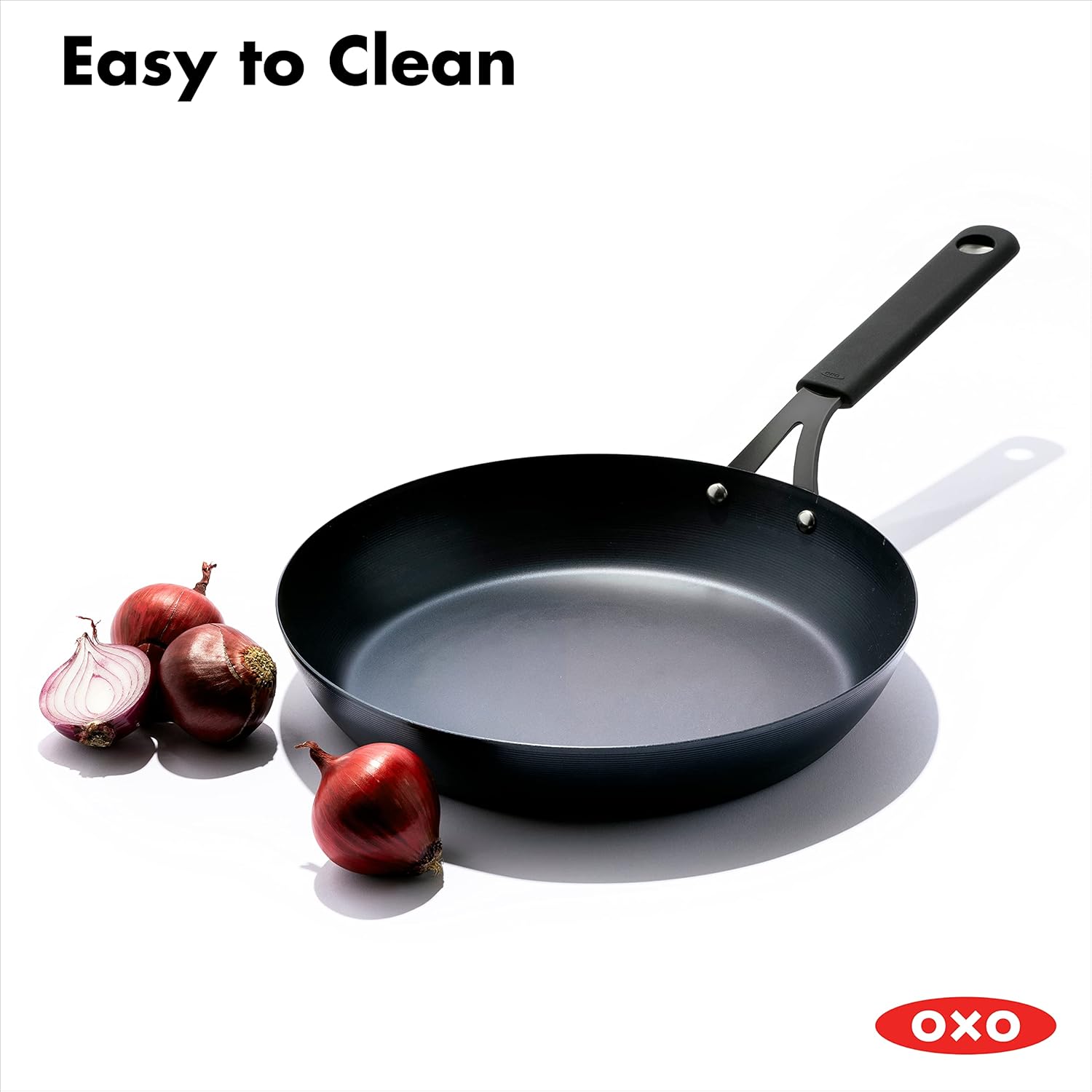 OXO Obsidian Pre-Seasoned Carbon Steel Induction Safe 12 Outdoor Frying Pan/Skillet with Silicone Sleeve, Black