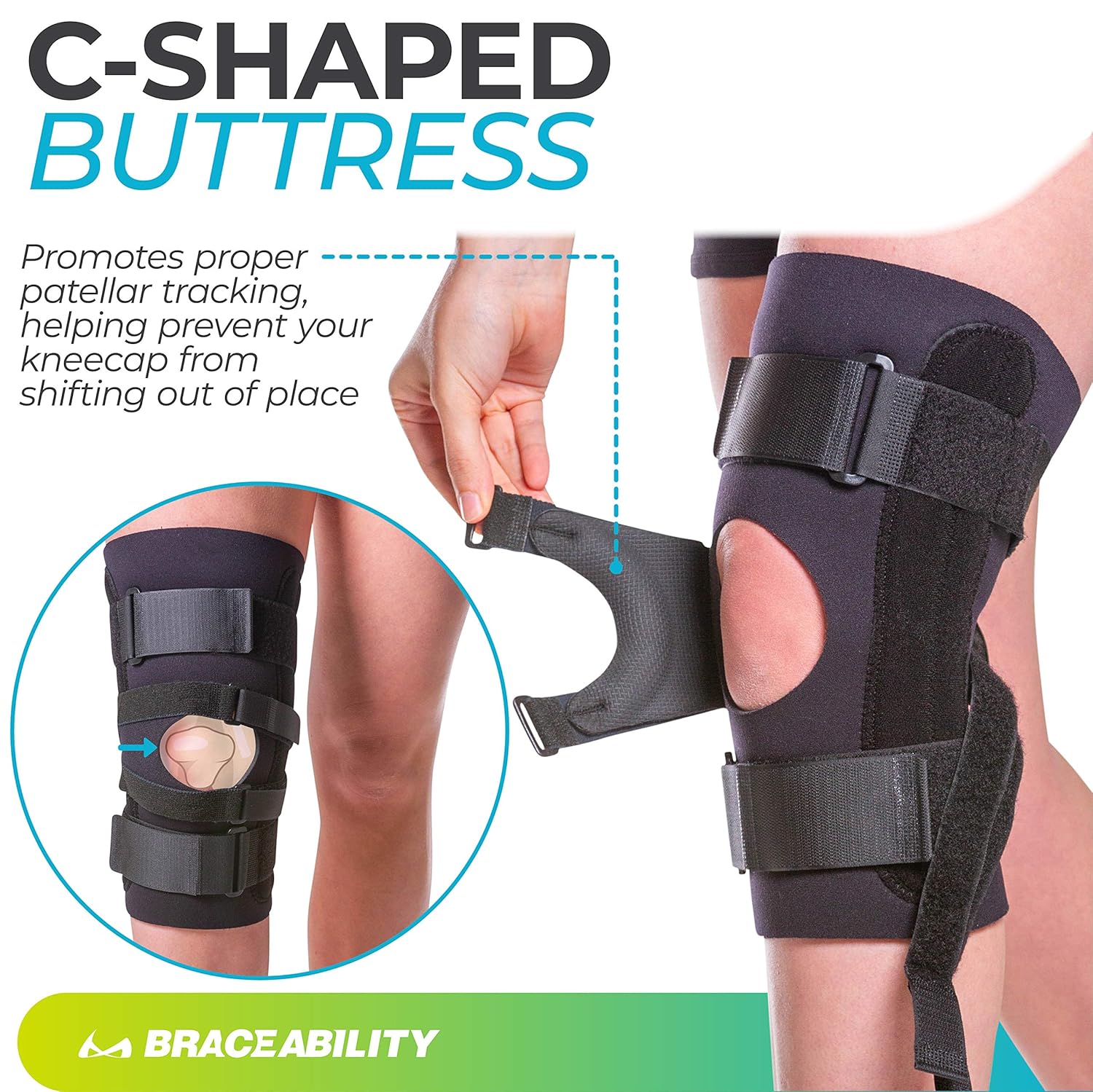 BraceAbility J Patella Knee Brace - Lateral Patellar Stabilizer with Medial and J-Lat Support Straps for Dislocation, Subluxation, Patellofemoral Pain, Left or Right Kneecap Tracking (4XL) Pack of 2