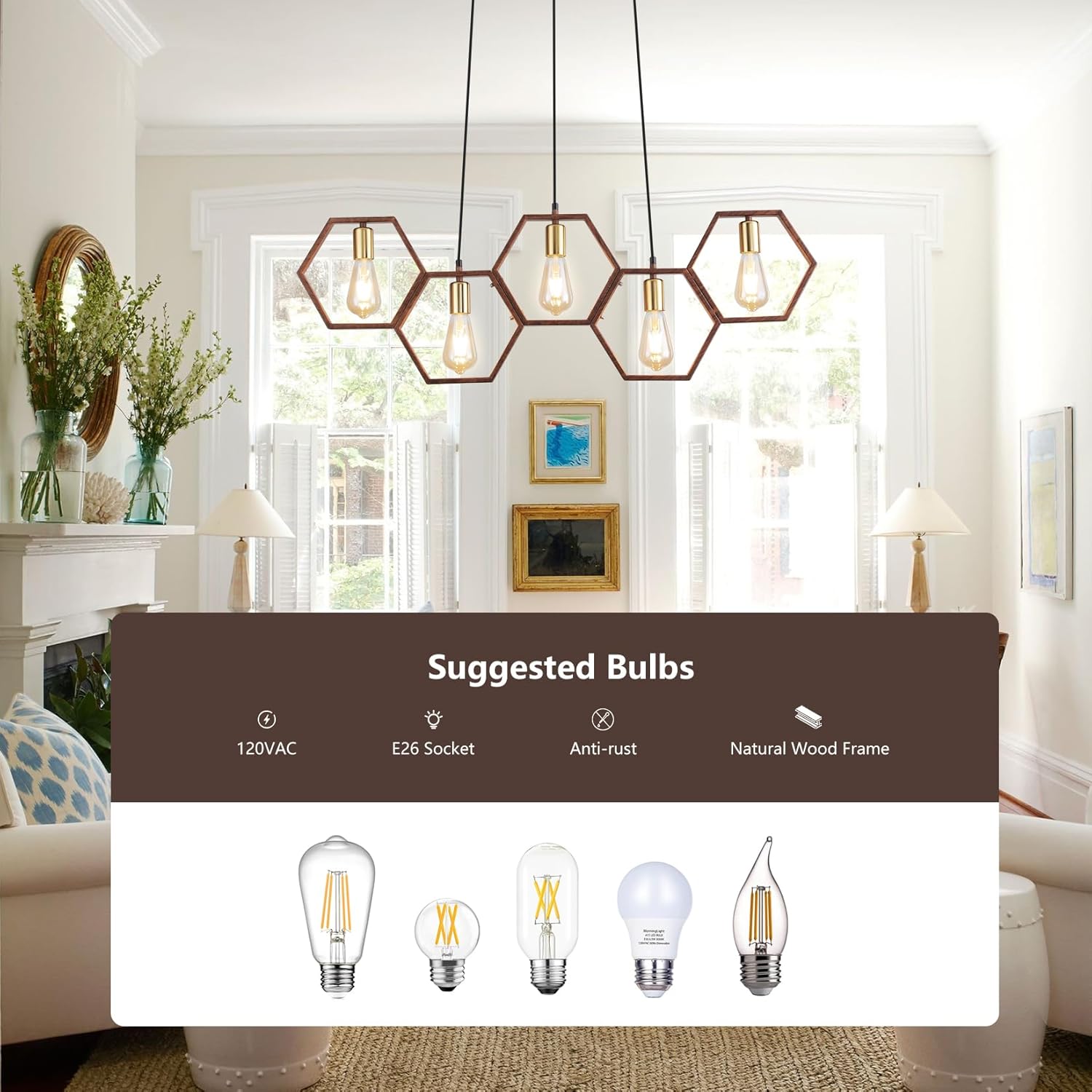 Dining Room Light Fixture Farmhouse Pendant Lights Kitchen Island Rustic Kitchen Light Fixtures 5 Lights Wood Color Black Metal Rectangular Chandelier Ceiling Hanging Lighting 38"