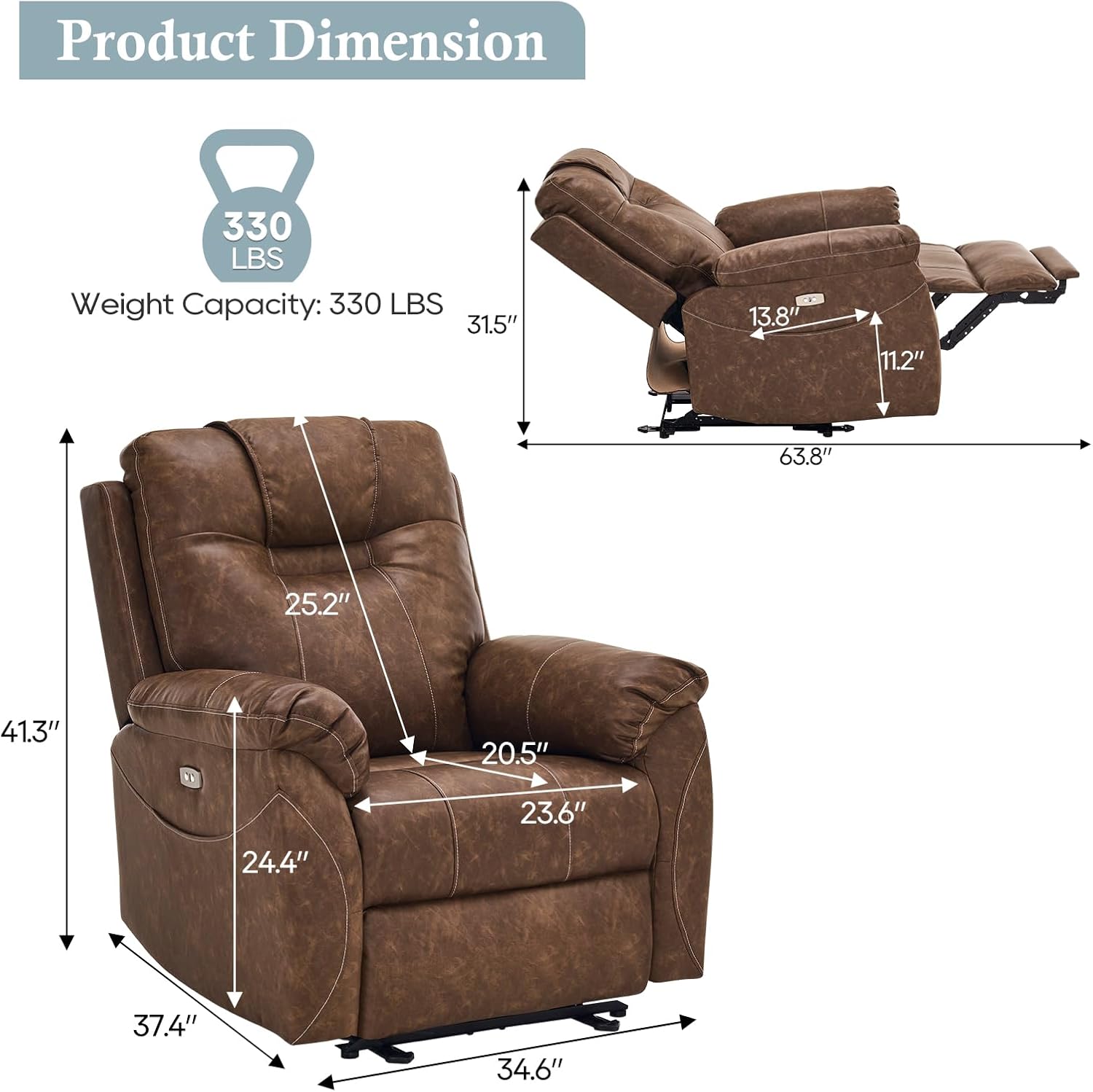 Electric Recliner with Heat & Massage, Leather Recliner Chair with Extended Footrest, Wall Hugger Recliners, Power Recliner Chair with 2 Side Pockets & USB Ports for Living Room & Bedroom