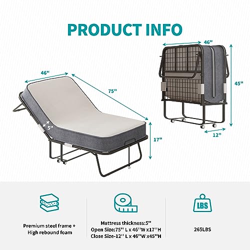 BALUS Folding Bed with Mattress for Adults, 75 ''L X 46''W Rollaway Bed with 5''Memory Foam Mattress, Foldable Bed Frame Portable Guest Bed Space Saving(Standard)