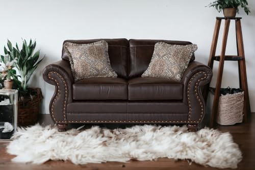 Traditional Western Sofa & Loveseat Set with Nailtrim Head and Faux Leather, Fully Assembled Living Room Furniture Sets MADE in USA (Brownie)