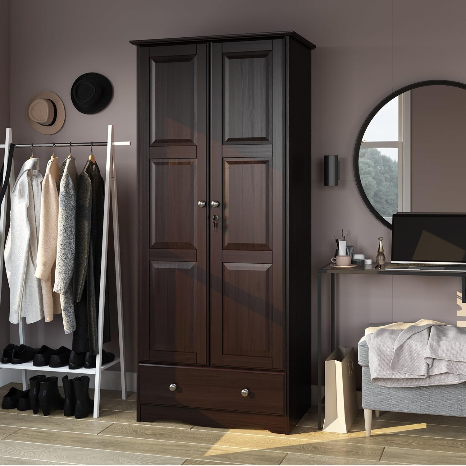 Palace Imports 100% Solid Wood Flexible Wardrobe Armoire with Metal or Wooden Knobs Mocha Stained, Mahogany Finish