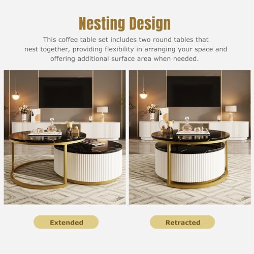 Modern Round Nesting Coffee Table Fluted with Drawer in White & Gold in 31.5''