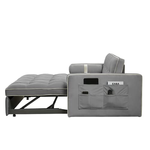 Velvet Sleeper Sofa 54" Convertible Sofa Recliner Bed 3-in-1, 3-Position Adjustable Backrest, Two Side Pockets, 2 Pillows for Living Room, Apartment, Black