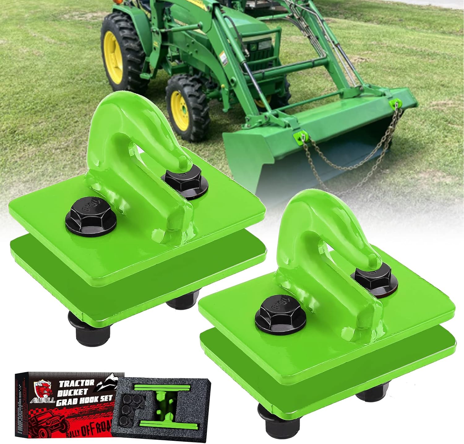 AMBULL 2 Pack 3/8" Tractor Bucket Grab Hook Grade 70 Forged Steel Bolt On Grab Hook Tow Hook Mount with Backer Plate,Work Well for Tractor Bucket, RV, UTV,Truck, Max 15,000 lbs, Dark Green Pack of 2