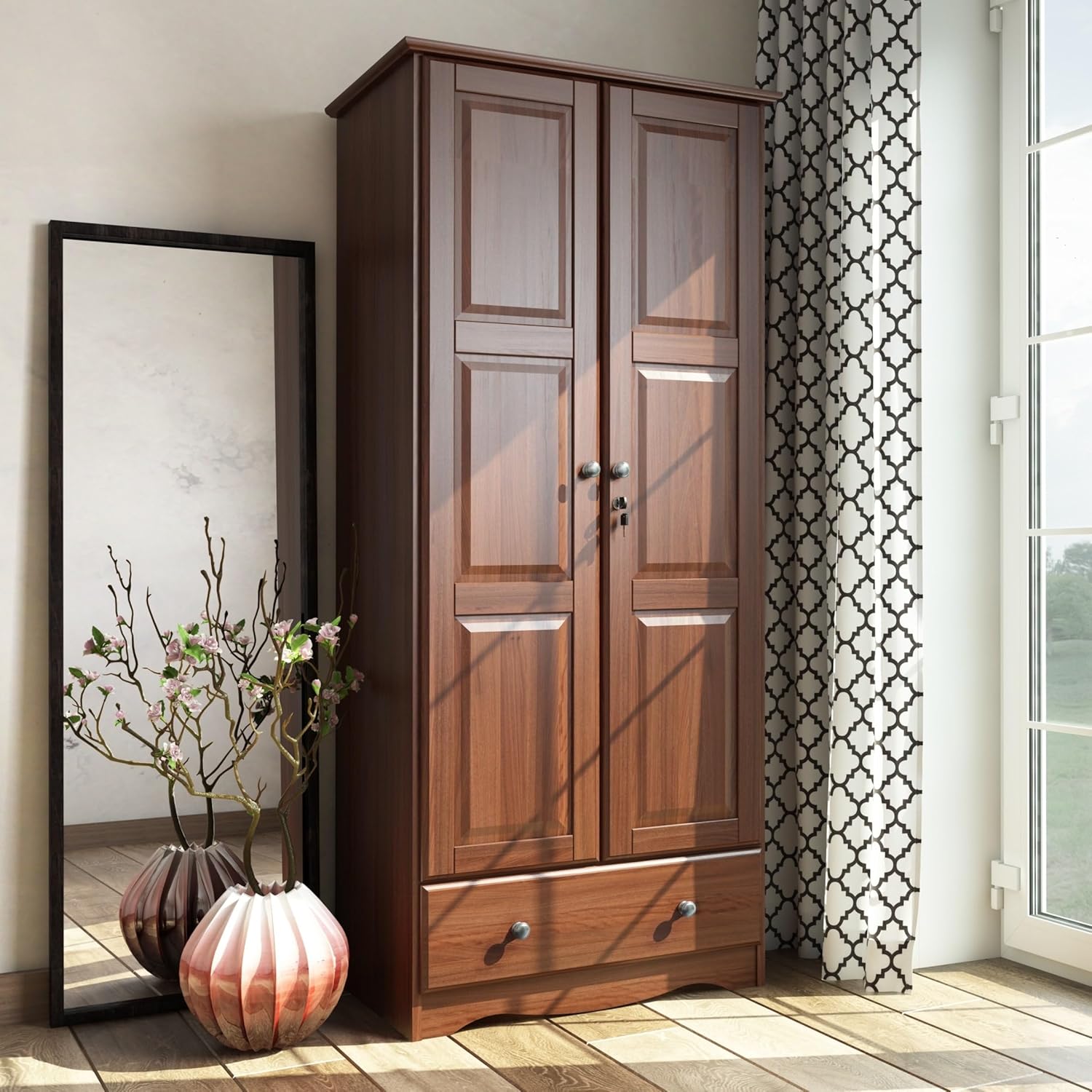 Palace Imports 100% Solid Wood Flexible Wardrobe Armoire with Metal or Wooden Knobs Mocha Stained, Mahogany Finish