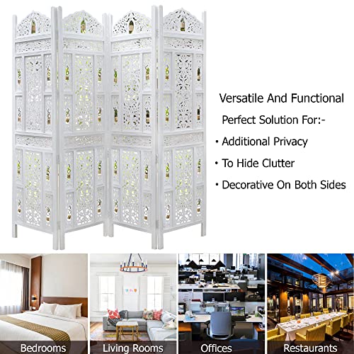 Room Divider Wood Screen - Ghanti Bells Antique Brown - 4 Panel Folding 72 x 80 - Assembled Hand Carved Decorative Functional Versatile Portable Partition Reversible Privacy Boho - COTTON CRAFT