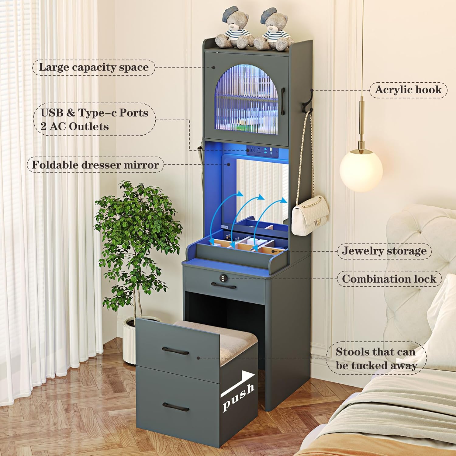 Small Vanity Desk with Mirror and Lights: Makeup Vanity Table with Combination Lock Drawers for Bedroom, Vanity Desk Set Dressing Table with Charging Station and Human Sensor(Grey)