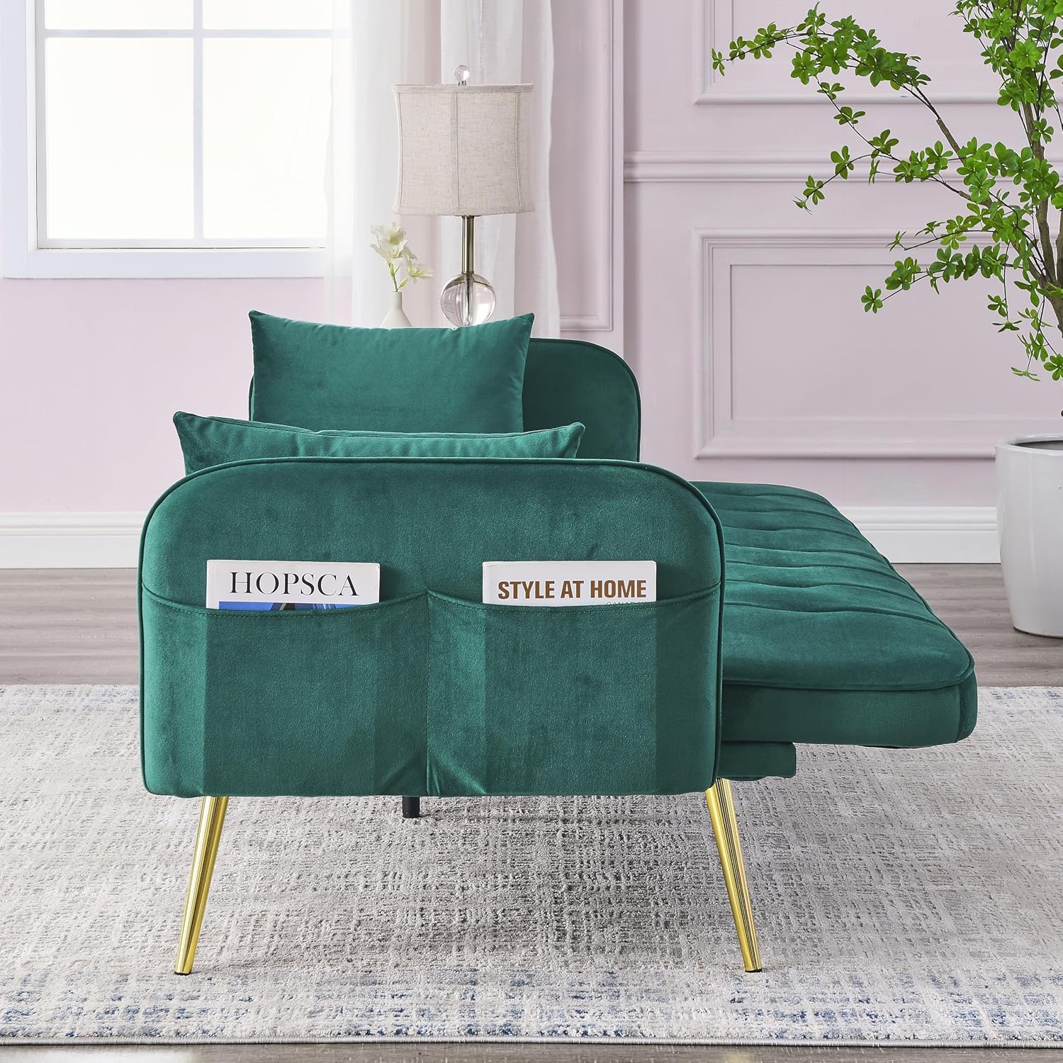 Convertible Futon Sofa Bed, 72.5" Velvet Reversible Couch with Adjustable Backrest, Two Pillows & Side Storage Pockets, Folding Sleeper Recliner Daybed for Living Room Furniture, Green