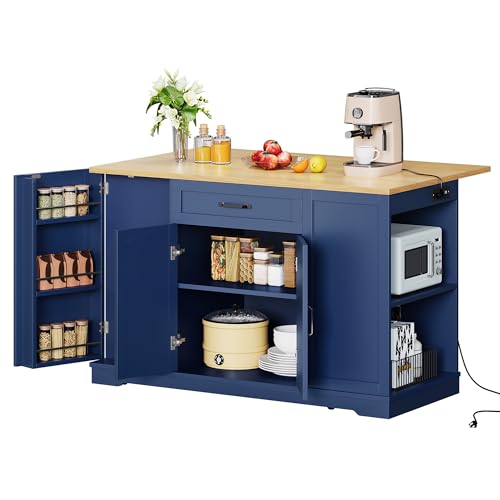YITAHOME 50" Rolling Kitchen Island with Power Outlet & Drop Leaf, Mobile Storage Islands with Trash Can Cabinet, Microwave Rack Serving Cart on Wheels with Spice Rack, Retro White