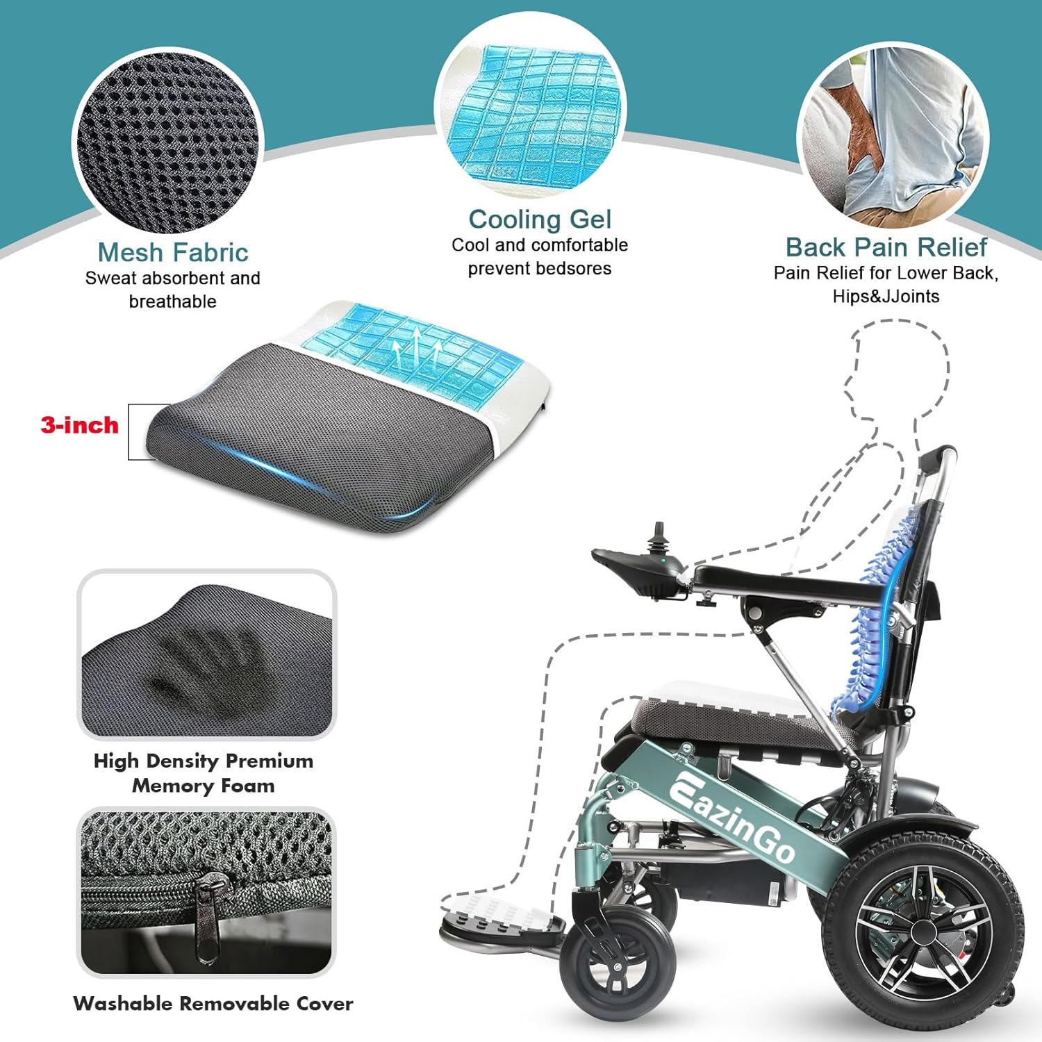 Electric Wheelchairs for Adults, Upgrade Seat Cushion Contains Cooling Gel, with LED Llight and Sidebag, Electric Wheelchairs, Lightweight Electric Wheelchair