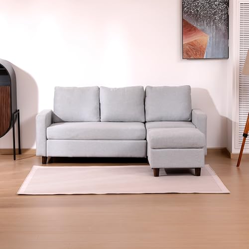 Babion 79" Convertible Sectional Sofa Couch, Linen Fabric L-Shaped Couch 3-Seat Sofa with Removable Ottoman for Living Room, Apartment and Compact Spaces, Light Gray