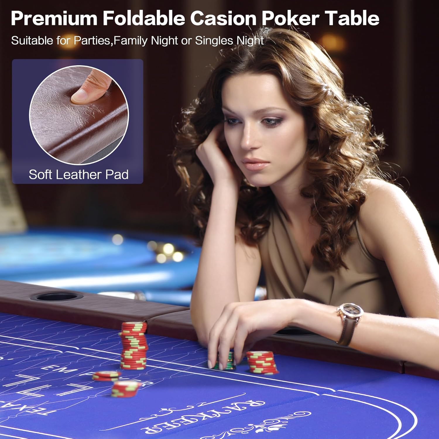 10 Player Poker Table Foldable, 84" Folding Blackjack Texas Holdem Table, Portable Casino Leisure Card Board Game Table with Cup Holders and Padded Rails for Game Room (Brown)