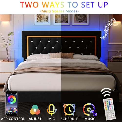 Full Size Bed Frame, Upholstered Platform Bed Frame with LED Light, Adjustable Headboard Tufted, No Box Spring Needed, Easy Assembly, Black