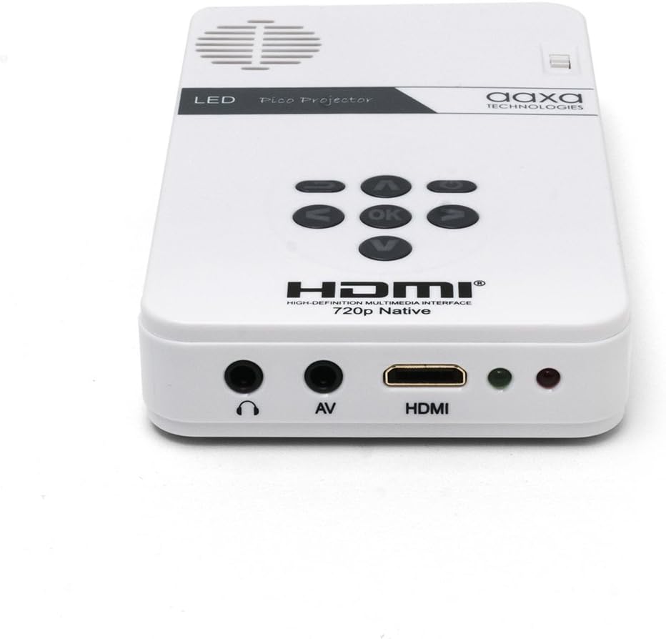 AAXA Technologies KP-101-01 AAXA LED Pico Micro Video Projector - Pocket Size Portable Mobile Mini Projector with mini-HDMI, built-in Media Player & Speakers, 3.5mm Aux Out, Micro SD/USB readers and 80 Min Lithium-Ion Battery