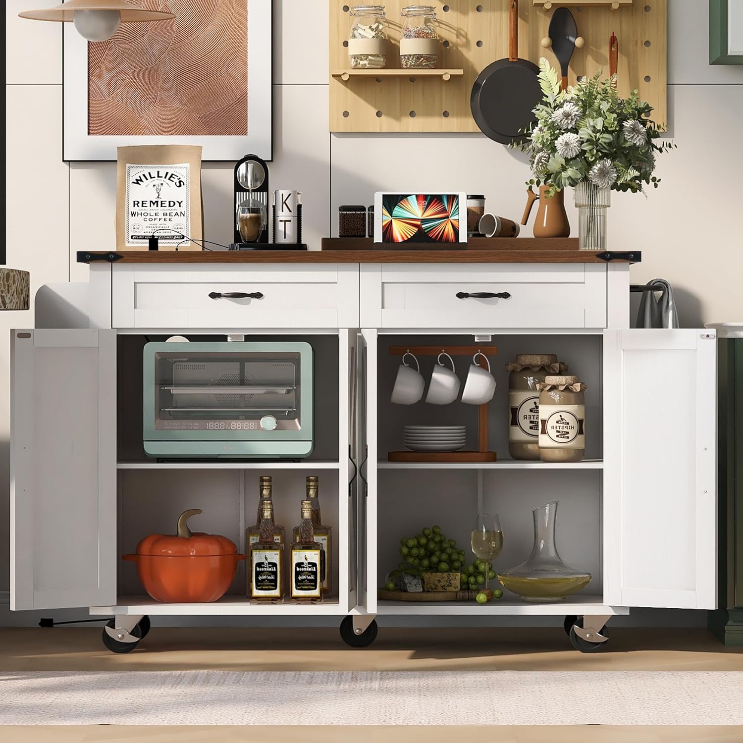 53.5''Farmhouse Kitchen Island with Power Outlet, Kitchen Storage Island with Drop Leaf, Spice Rack and Drawer, Rolling Kitchen Cart on Wheels, for Home, Kitchen and Dining Room, White