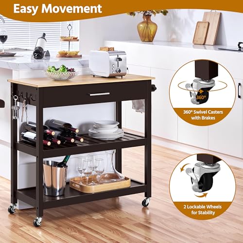 Yaheetech Kitchen Island Cart on Wheels with Bamboo Tabletop, 3-Tier Rolling Kitchen Island Microwave Cart with Drawer, Detachable Towel, 3 Hooks, 17" D x 37.5" W, White