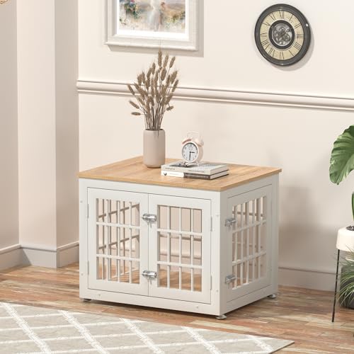 48 Inch Heavy Duty Dog Crate Furniture for Large Dogs, Decorative Pet House End Table, Extra Large Wooden Cage Kennel Furniture Indoor, Natural and White