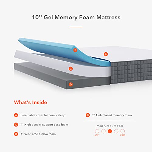 Sweetnight Full Mattress, Breeze 10 Inch Full Size Mattress, Infused Gel Memory Foam Mattresses for Cool Sleep, Supportive & Pressure Relief, Medium Firm