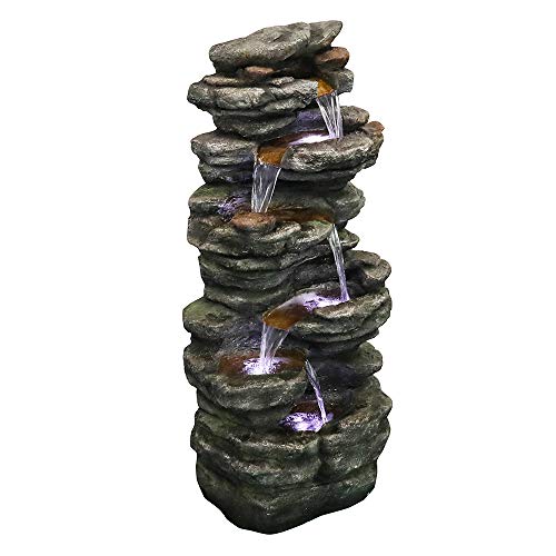 6-Tier Rockery Outdoor Fountain - 40” H Outdoor Waterfall Fountain with LED Lights for Home&Office Decor, Stacked Rock Cascading Relaxation Garden Fountains Outdoor for Patio, Yard, Deck