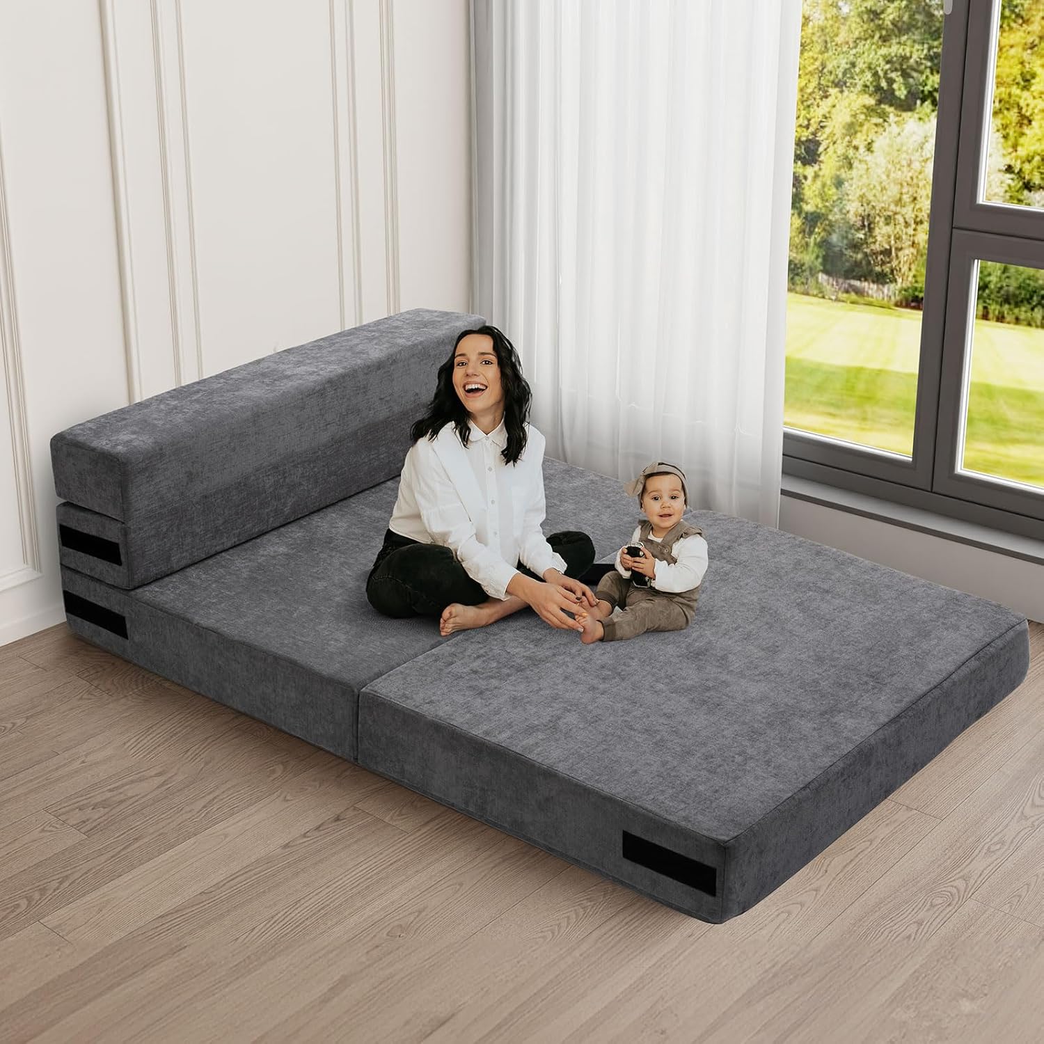 HOMFINE Folding Sofa Bed - Convertible Sleeper Chair with Pillow, Fold Out Couch, Memory Foam Floor Mattress, Futon Couch, Lazy Sofa for Living Room/Dorm/Guest Room/Home Office, Twin, Gray