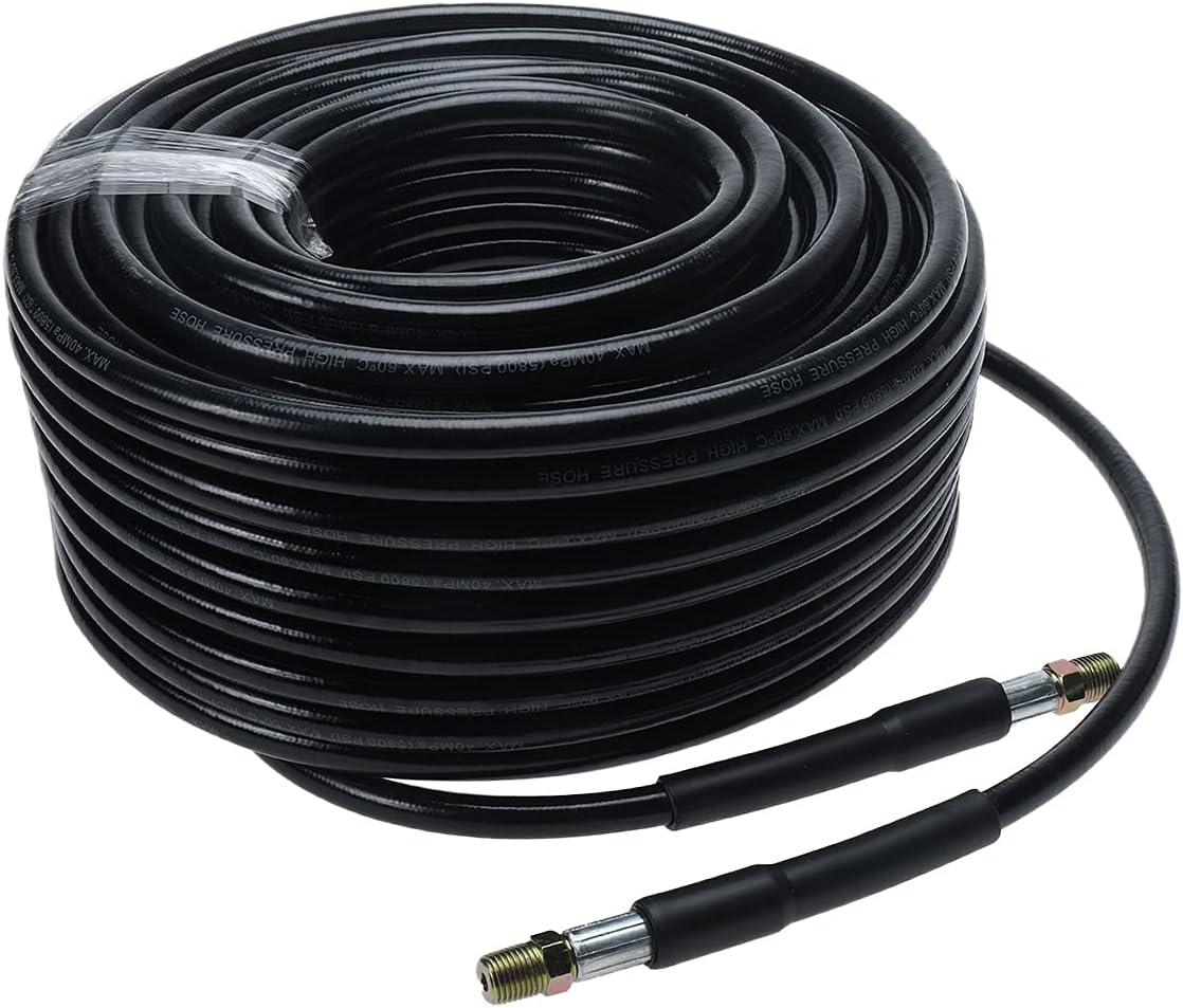 SanSanYa 100FT Sewer Jetter Kit for Pressure Washer 5800 PSI Drain Cleaning Hose 1/4 Inch NPT Button Nose & Rotating Sewer Jetting Nozzle Spanners for Jetter Hose Pressure Washer (100FT) Pack of 2